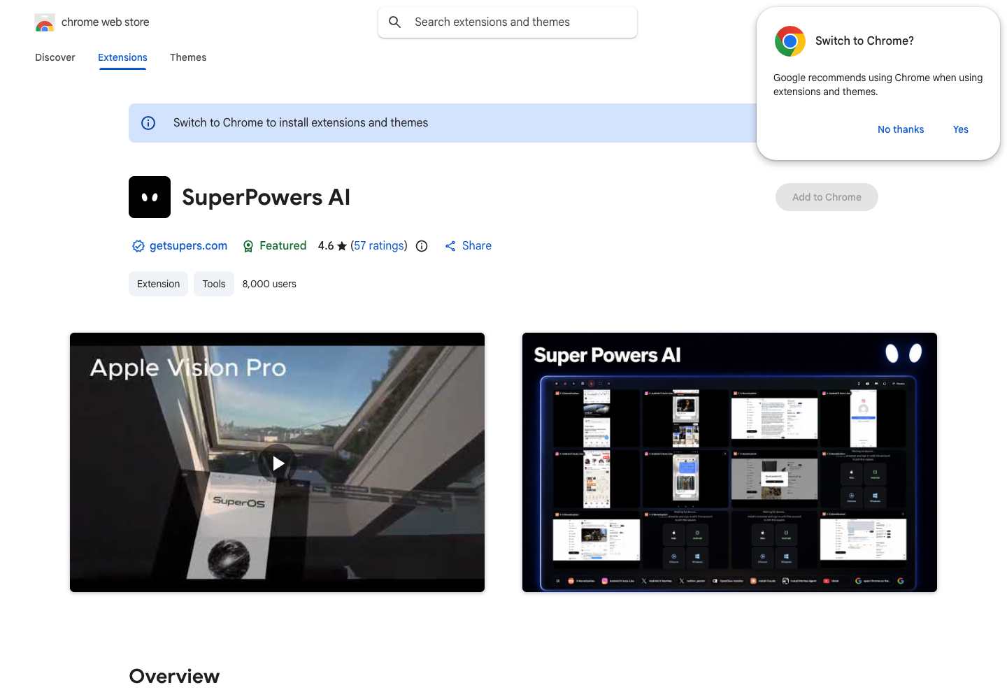 Chrome Web Store listing for SuperPowers AI. This reference screenshot shows the listing; installation status depends on your browser.
